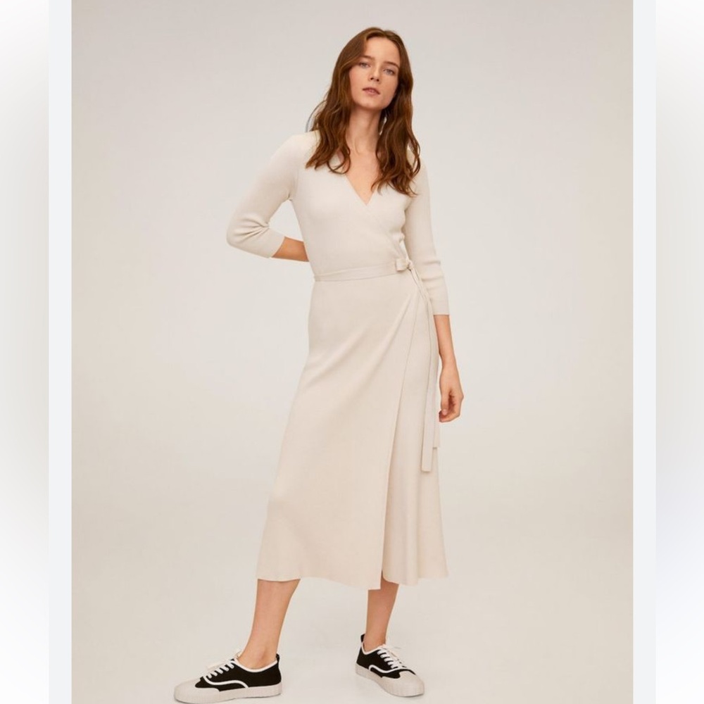 Mango Cream Ribbed Long Sleeve Midi Wrap Dress
